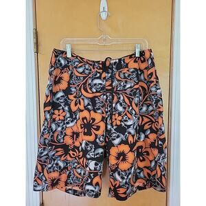 Point Zero Y2K Skull Board Shorts Men's Size M Floral Hibiscus Vintage Trunks